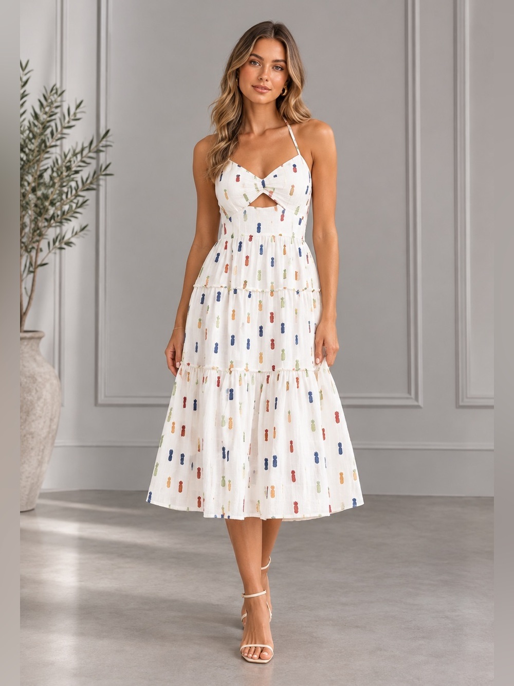 FARM RIO Pineapple Appliqué Keyhole Bodice Cotton Midi Dress B271
